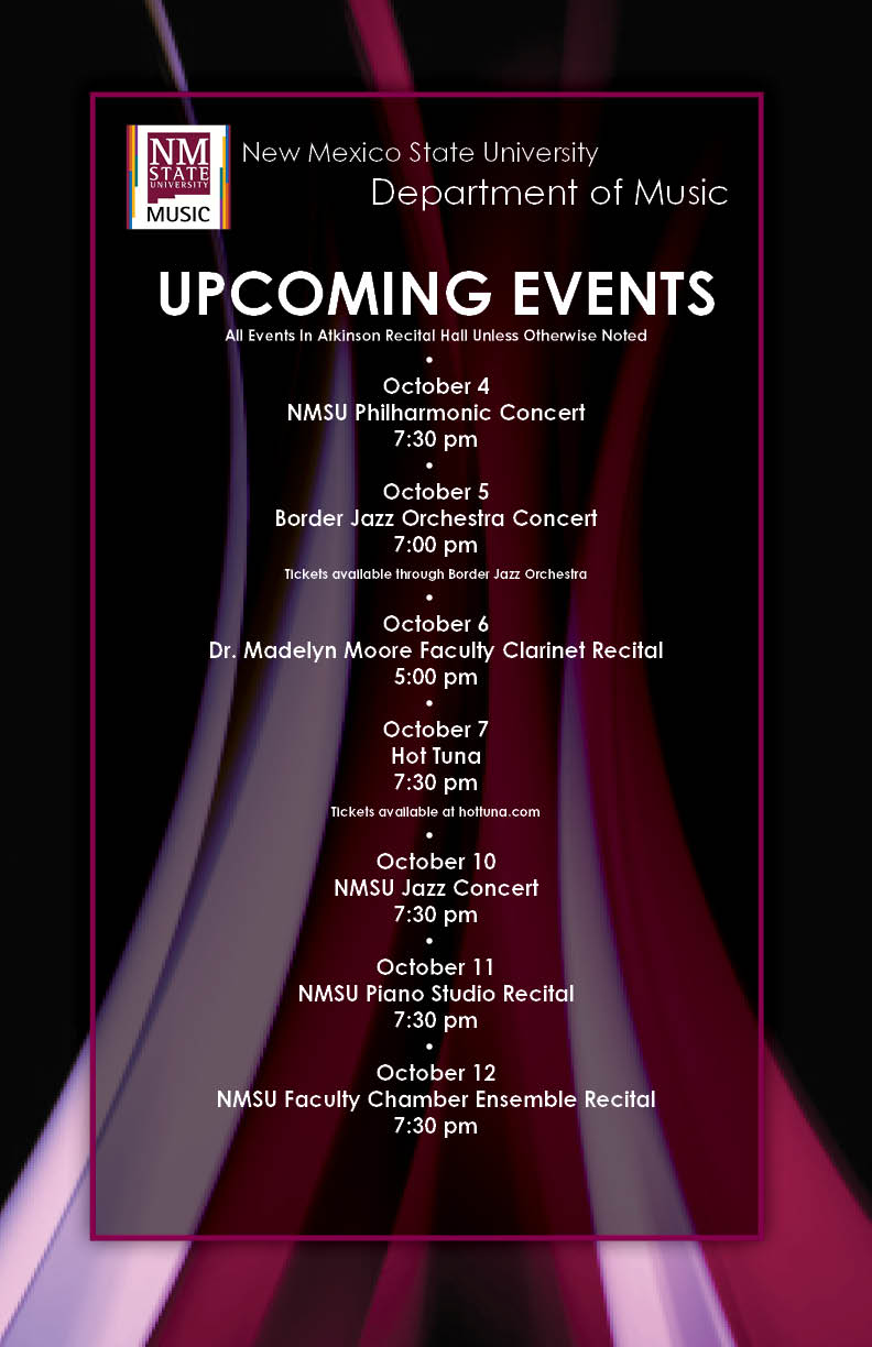 The NMSU Music Department invites the public to a series of free concerts featuring jazz, clarinet, the NMSU Philharmonic and more at NMSU Atkinson Recital Hall.  